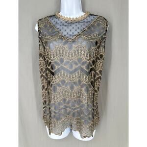 Y2K Vintage Top Women Large Black Lace Sheer Gold Metallic Crochet Glam Art Deco